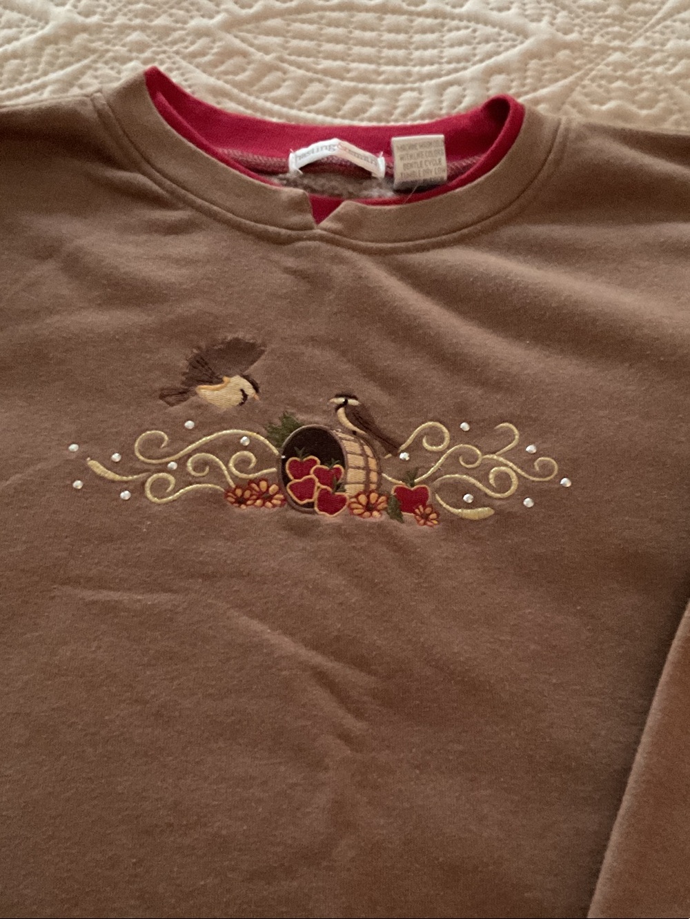 Girls Brown Embroidered Bird Crewneck Sweatshirt